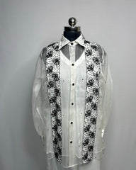 White Organza Hand-Embroidered Designer Shirt with Crepe Bell-Bottom Pants | Premium Party Wear Co-Ord Set