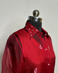 Cherry Red Organza Shirt with Embroidery on Collar, Cuffs & Front | Designer Party Wear Top