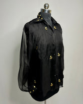 Black Organza Shirt with Golden Embroidery on Collar, Cuffs & Front | Designer Party Wear Top