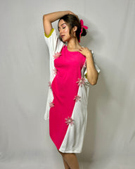 Elegant Dolman Sleeve Dress with Pink Organza Flower Detailing