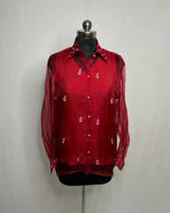 Cherry Red Organza Shirt with Embroidery on Collar, Cuffs & Front | Designer Party Wear Top