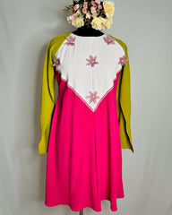 Elegant Cape Sleeve Top with White Patch and Pink Organza Flower Detailing