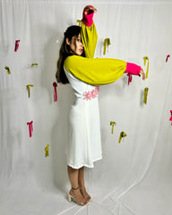 Elegant Balloon Sleeve Dress with Pink Organza Flower Detailing