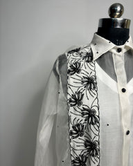 White Organza Hand-Embroidered Designer Shirt with Crepe Bell-Bottom Pants | Premium Party Wear Co-Ord Set