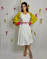 Elegant Balloon Sleeve Dress with Pink Organza Flower Detailing