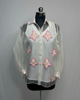 White Organza Shirt with Hand-Embroidered Flower Patches | Designer Floral Top for Women