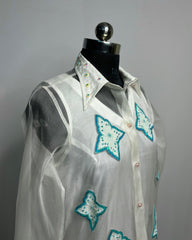 White Organza Shirt with Hand-Embroidered Flower Patches | Designer Floral Top for Women