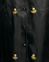 Black Organza Shirt with Golden Embroidery on Collar, Cuffs & Front | Designer Party Wear Top