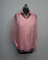 Baby Pink Organza Shirt with Silver & Pink Embroidery on Collar and Cuffs | Elegant Designer Top for Women