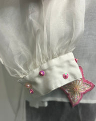 White Organza Shirt with Hand-Embroidered Flower Patches | Designer Floral Top for Women