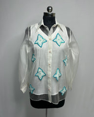 White Organza Shirt with Hand-Embroidered Flower Patches | Designer Floral Top for Women