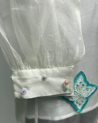 White Organza Shirt with Hand-Embroidered Flower Patches | Designer Floral Top for Women