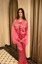 Elegant Rose Pink Embroidered Satin Co-ord Set – Designer Festive Fusion Wear for Women