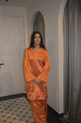Elegant Burnt Orange Embroidered Satin Co-ord Set – Festive Designer Ensemble for Women