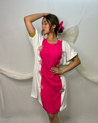 Elegant Dolman Sleeve Dress with Pink Organza Flower Detailing