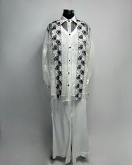 White Organza Hand-Embroidered Designer Shirt with Crepe Bell-Bottom Pants | Premium Party Wear Co-Ord Set