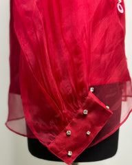 Cherry Red Organza Shirt with Embroidery on Collar, Cuffs & Front | Designer Party Wear Top