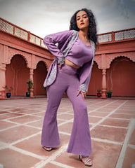 Lavender Three-Piece Set | Elegant Co-Ord with Cape for Women