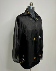 Black Organza Shirt with Golden Embroidery on Collar, Cuffs & Front | Designer Party Wear Top