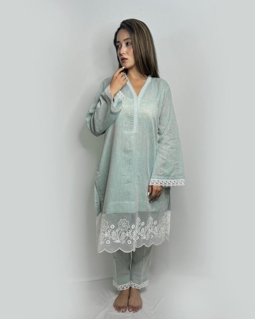 Pastel Blue Lace Co-ord Set for Women | Elegant Western Party Wear Outfit