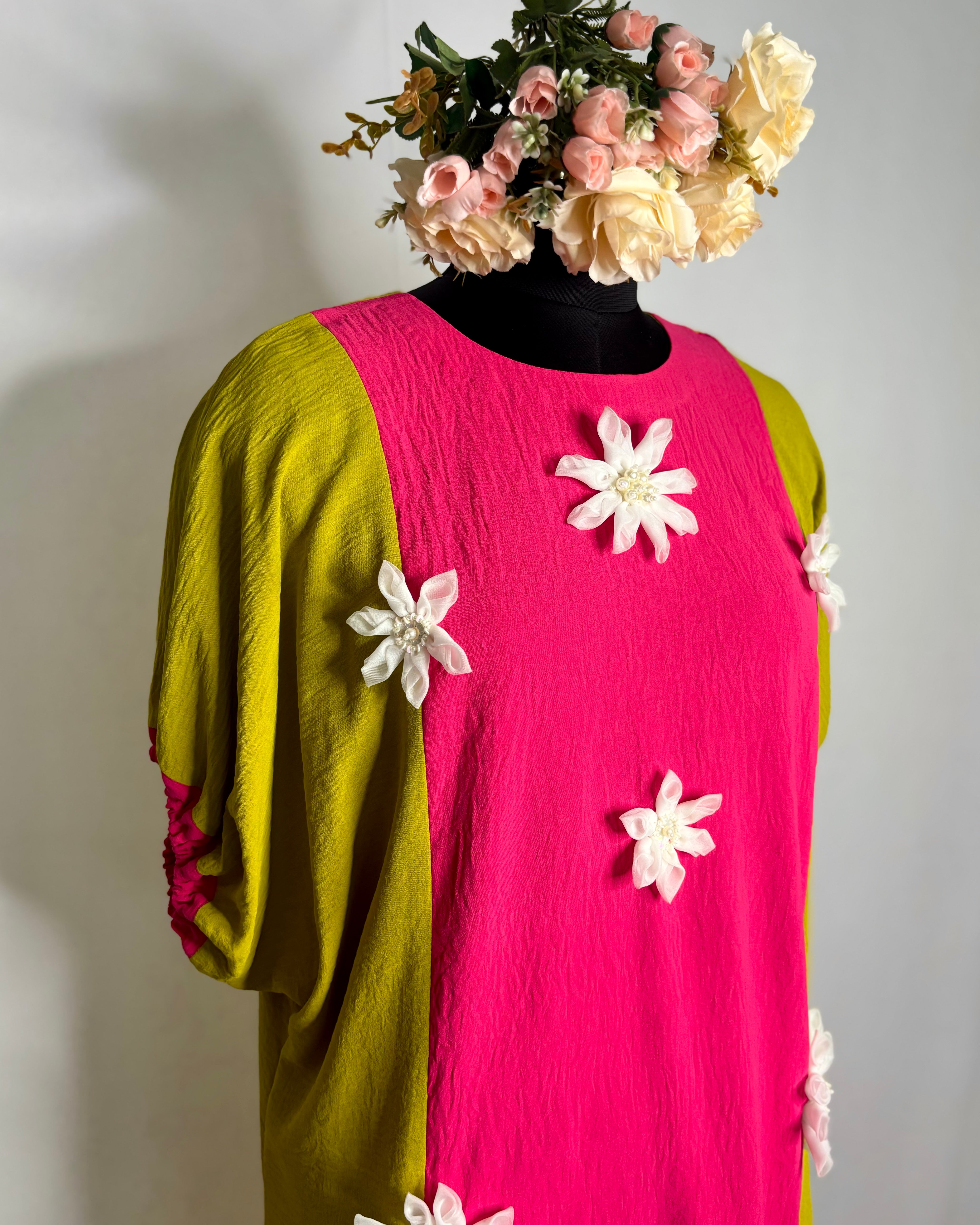 Elegant Dolman Sleeve Dress with White Organza Flower Detailing