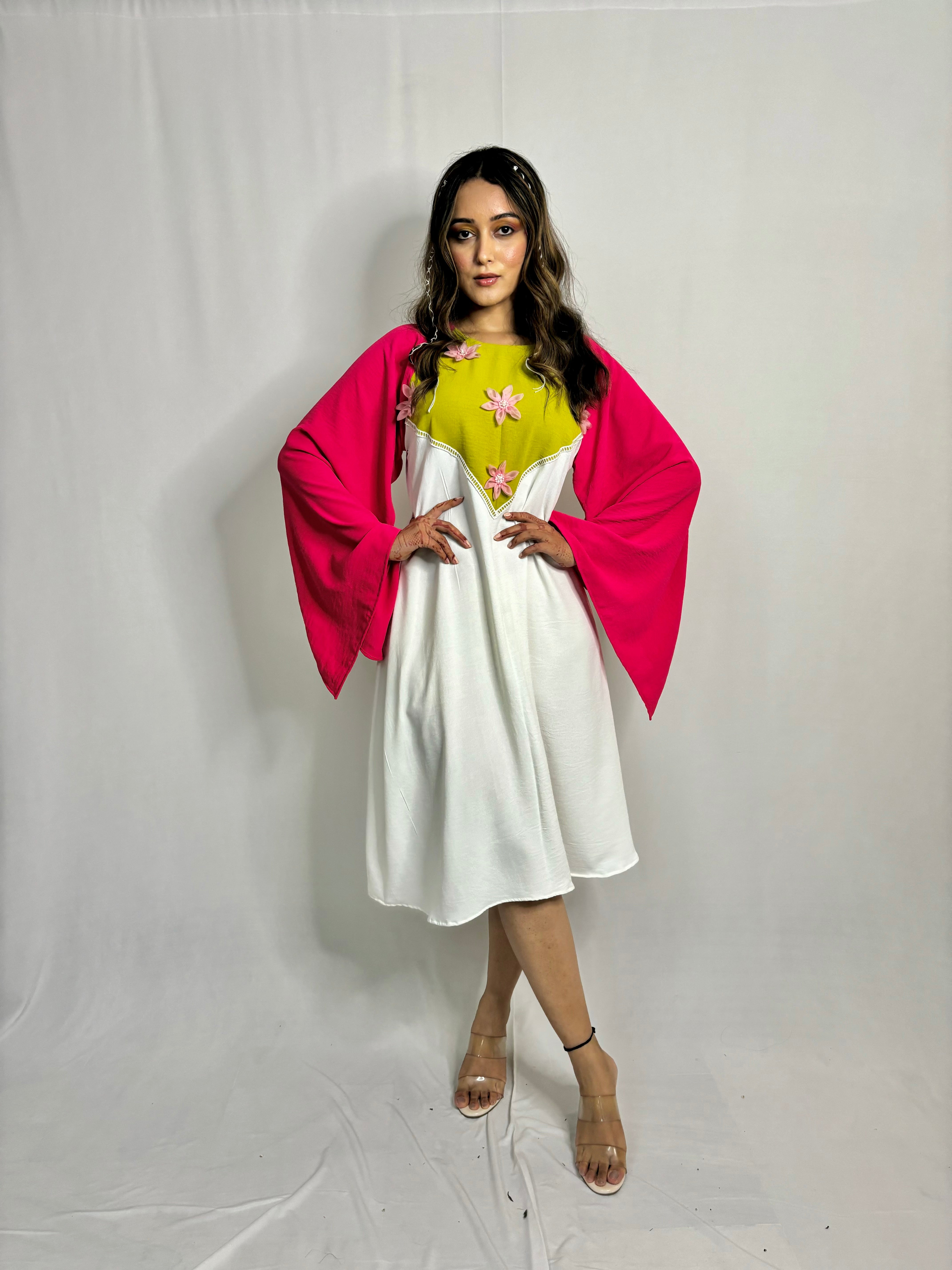 Cape Sleeve Dress with Pink Organza Flower Detailing – Elegant Designer Wear