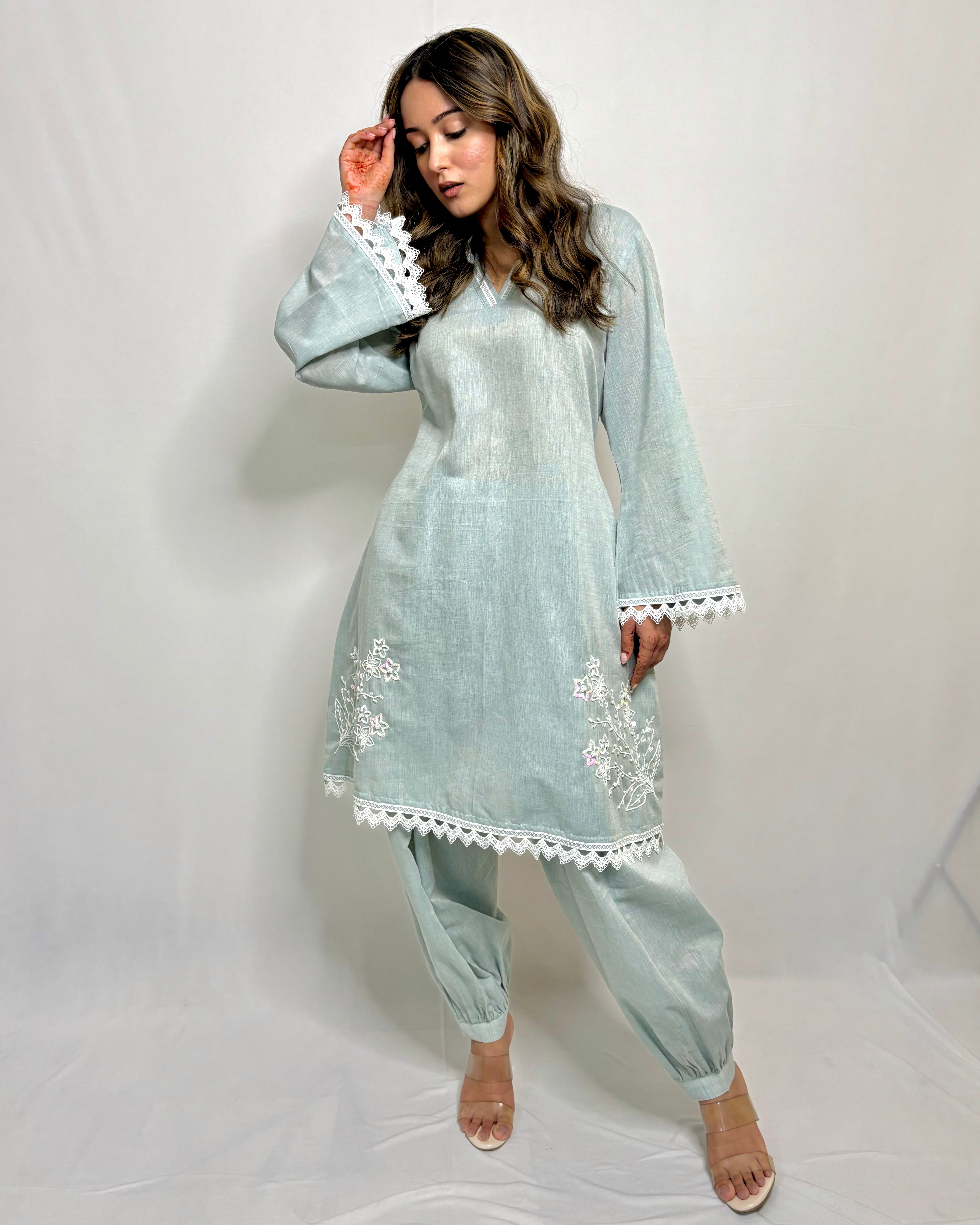 Pastel Blue Co-ord Set with Double-Sided Embroidery – Elegant Designer Wear