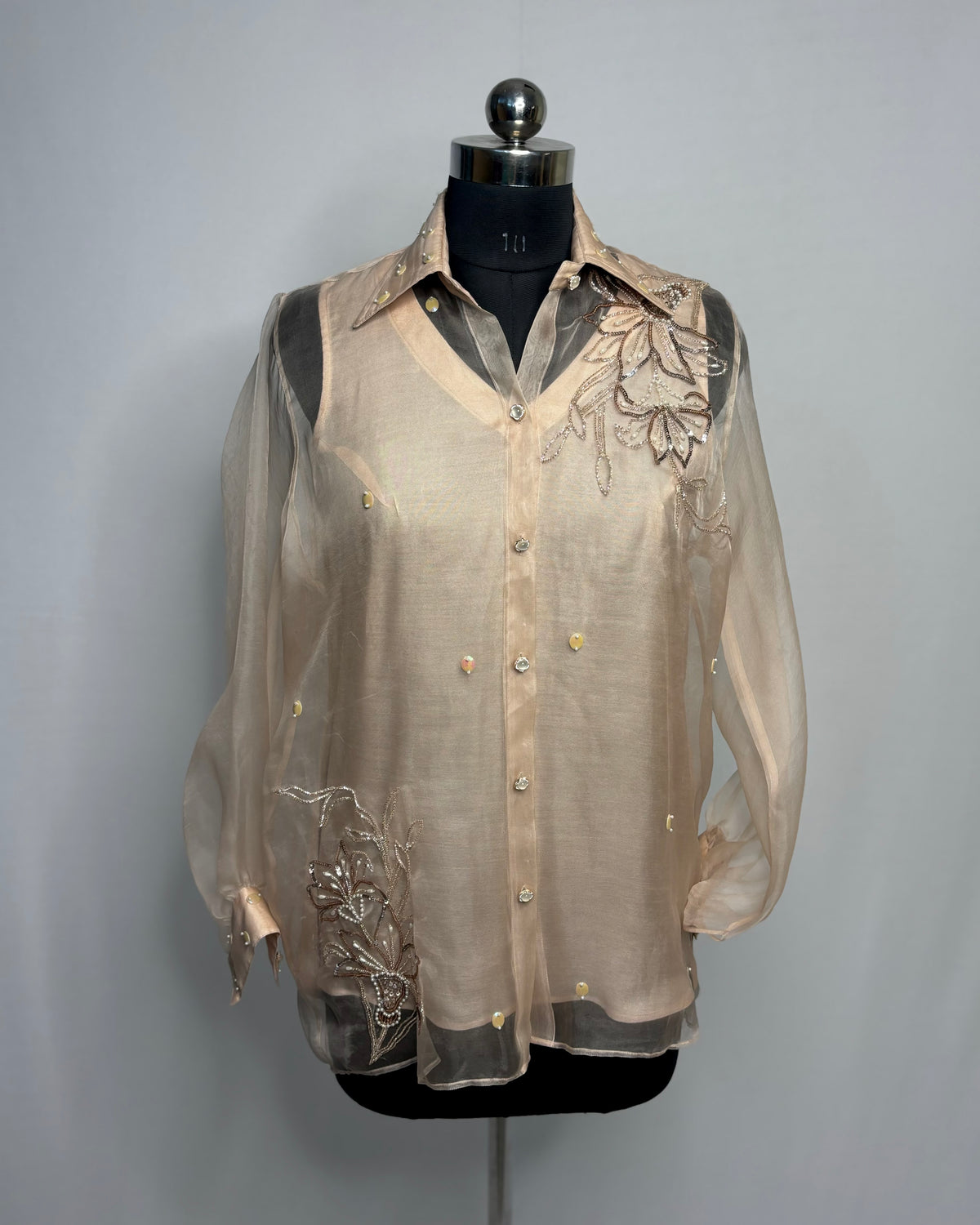 Champagne Organza Shirt with Hand-Embroidered Flower Motif | Golden Designer Party Wear Top for Women