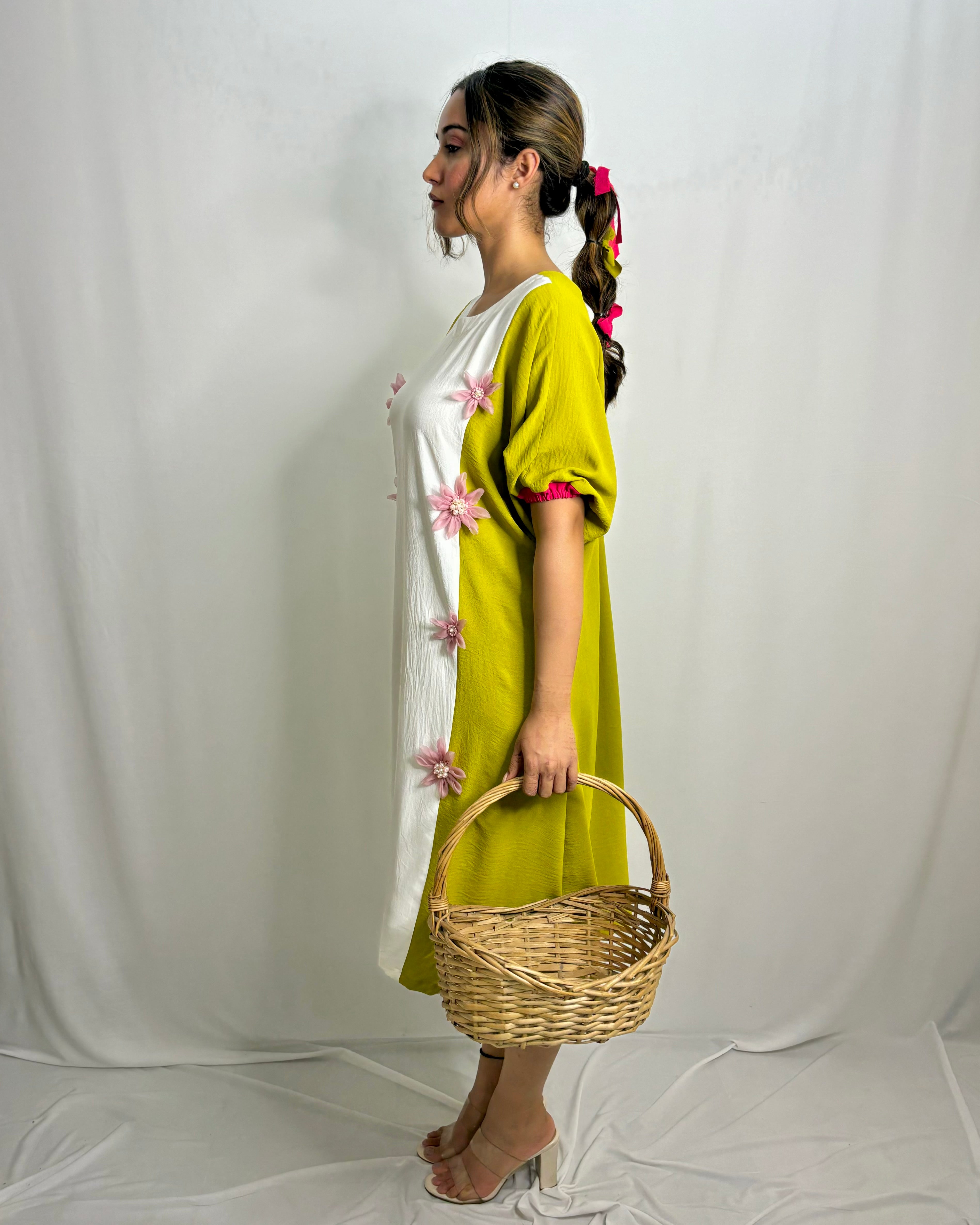 Elegant Dolman Sleeve Dress with Pink Organza Flower Detailing