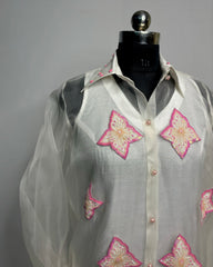 White Organza Shirt with Hand-Embroidered Flower Patches | Designer Floral Top for Women