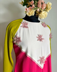 Elegant Cape Sleeve Top with White Patch and Pink Organza Flower Detailing