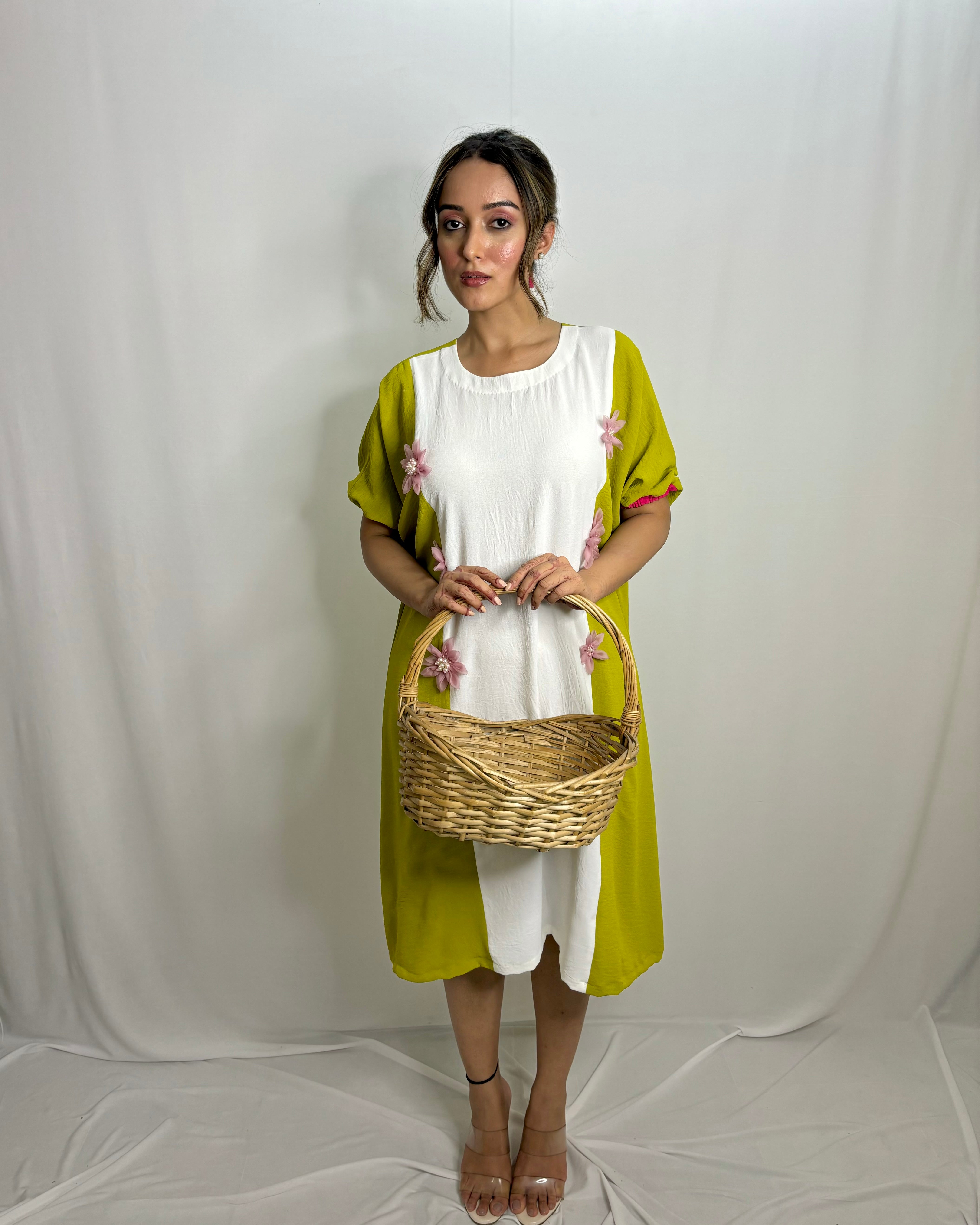 Elegant Dolman Sleeve Dress with Pink Organza Flower Detailing