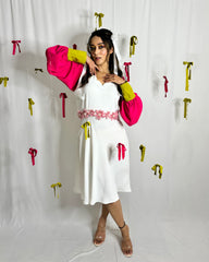 Elegant Balloon Sleeve Dress with Pink Organza Flower Detailing