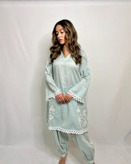 Pastel Blue Co-ord Set with Double-Sided Embroidery – Elegant Designer Wear