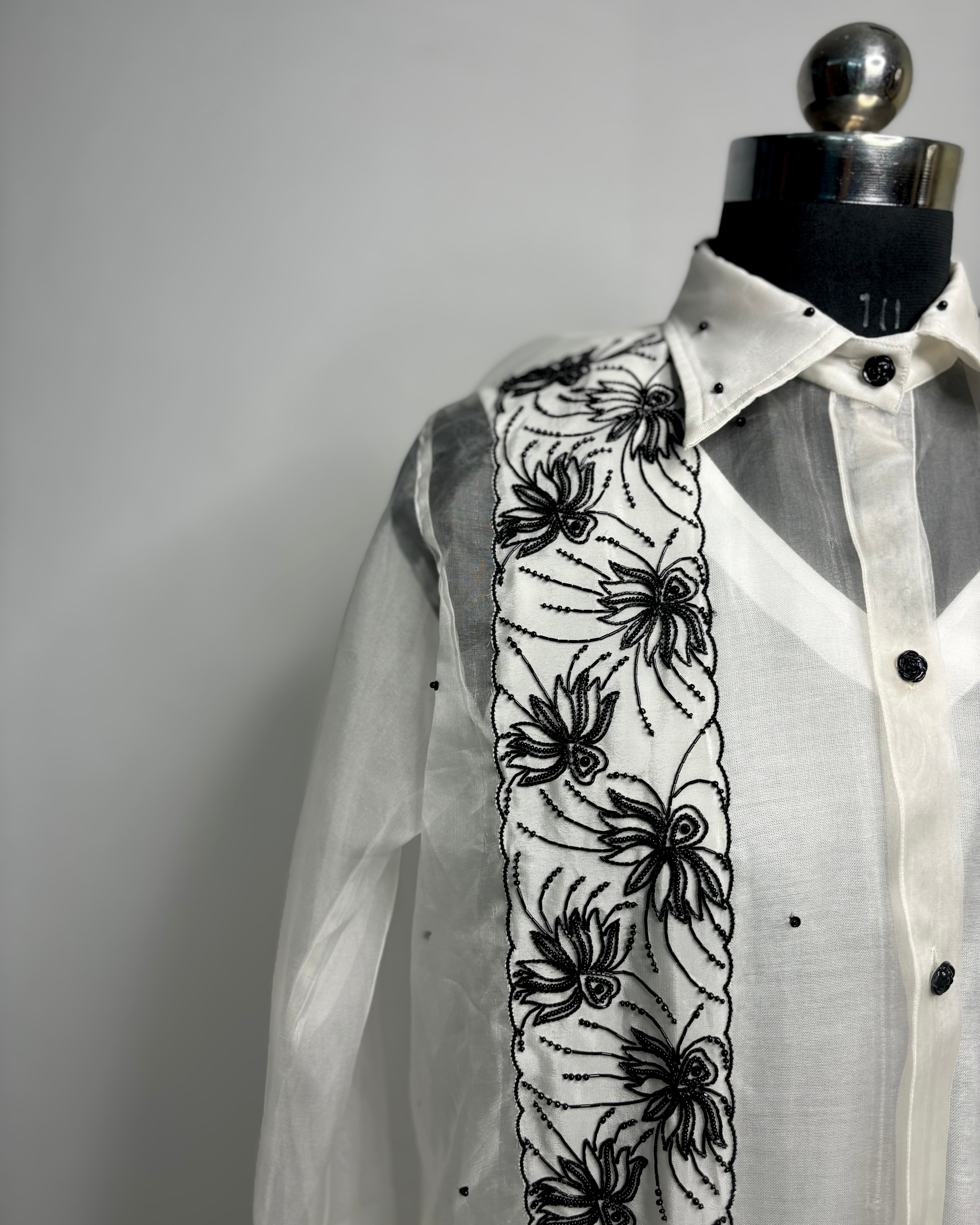 White Organza Hand-Embroidered Designer Shirt with Crepe Bell-Bottom Pants | Premium Party Wear Co-Ord Set