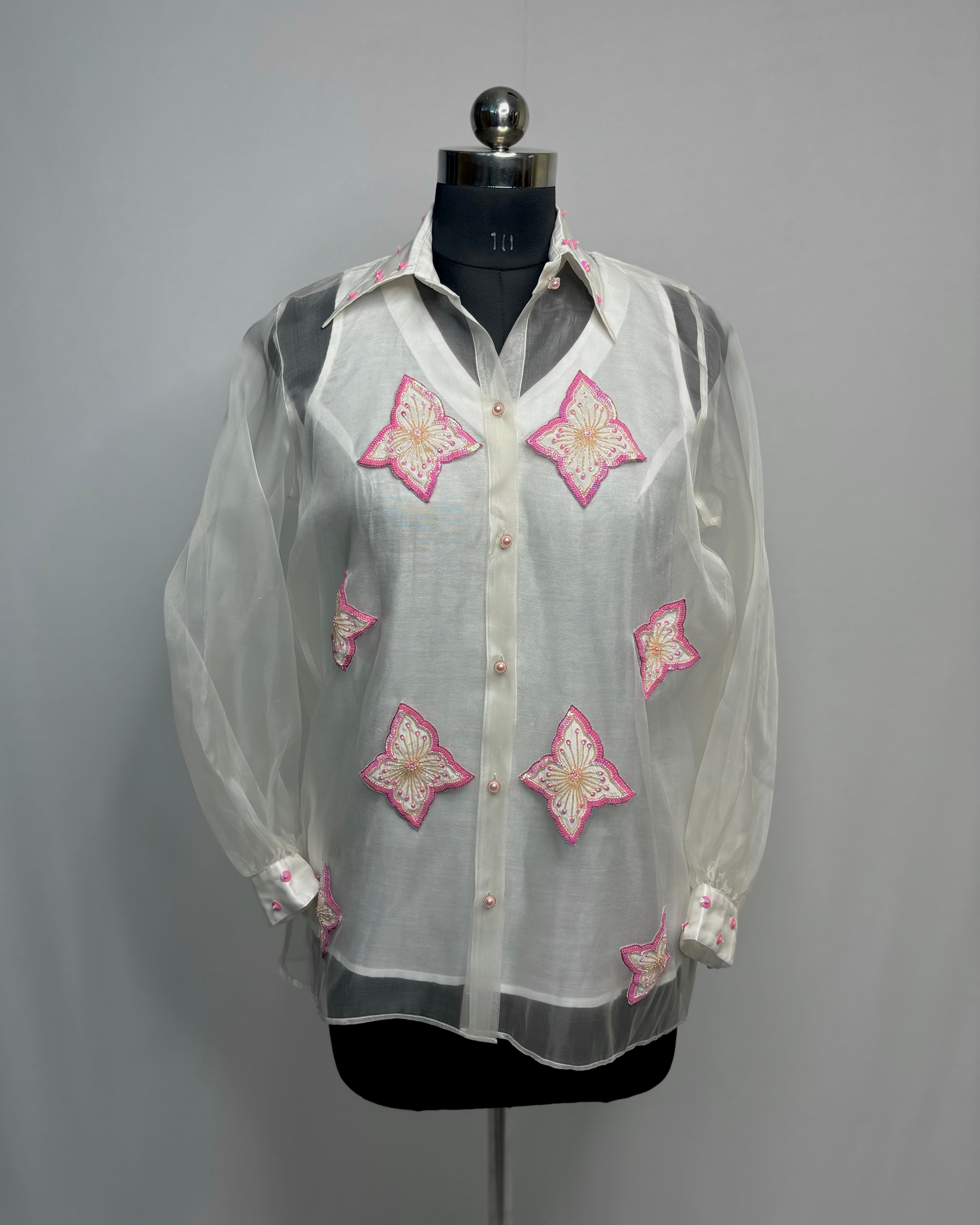 White Organza Shirt with Hand-Embroidered Flower Patches | Designer Floral Top for Women