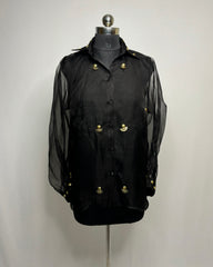Black Organza Shirt with Golden Embroidery on Collar, Cuffs & Front | Designer Party Wear Top