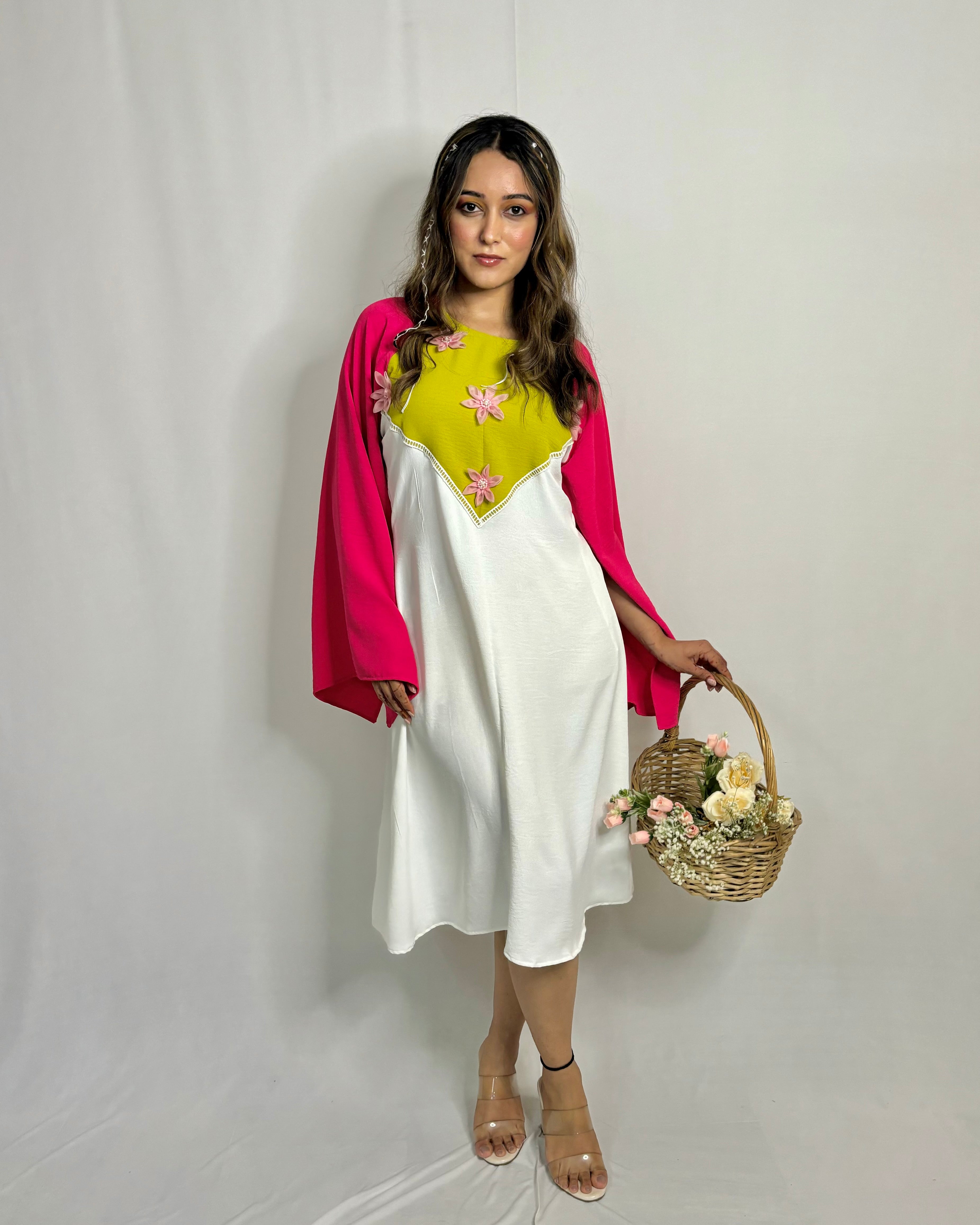 Cape Sleeve Dress with Pink Organza Flower Detailing – Elegant Designer Wear