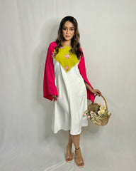 Cape Sleeve Dress with Pink Organza Flower Detailing – Elegant Designer Wear