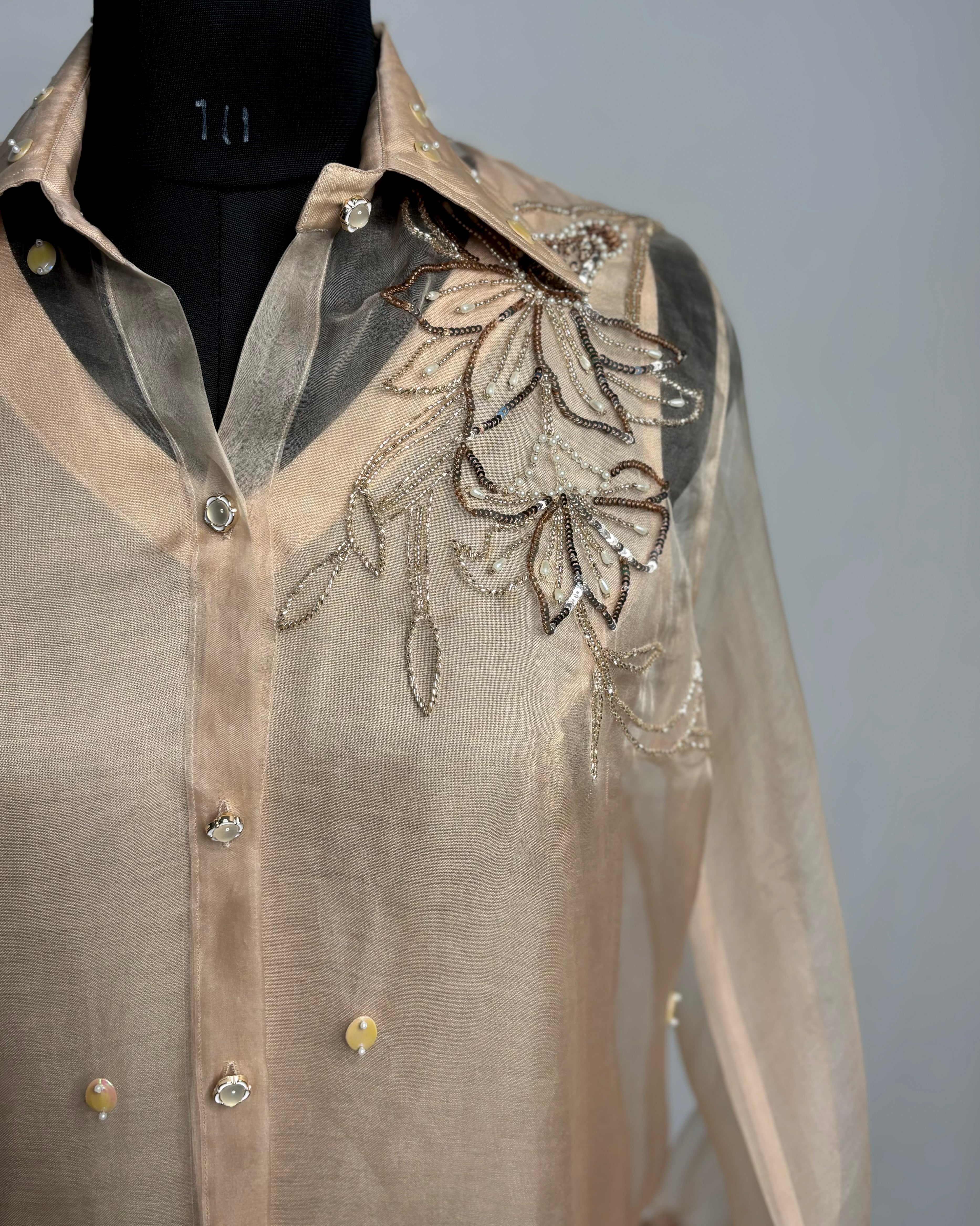 Champagne Organza Shirt with Hand-Embroidered Flower Motif | Golden Designer Party Wear Top for Women