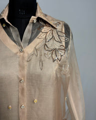 Champagne Organza Shirt with Hand-Embroidered Flower Motif | Golden Designer Party Wear Top for Women