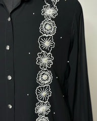 Black Georgette Shirt with White Floral Embroidery | Elegant Designer Top for Women