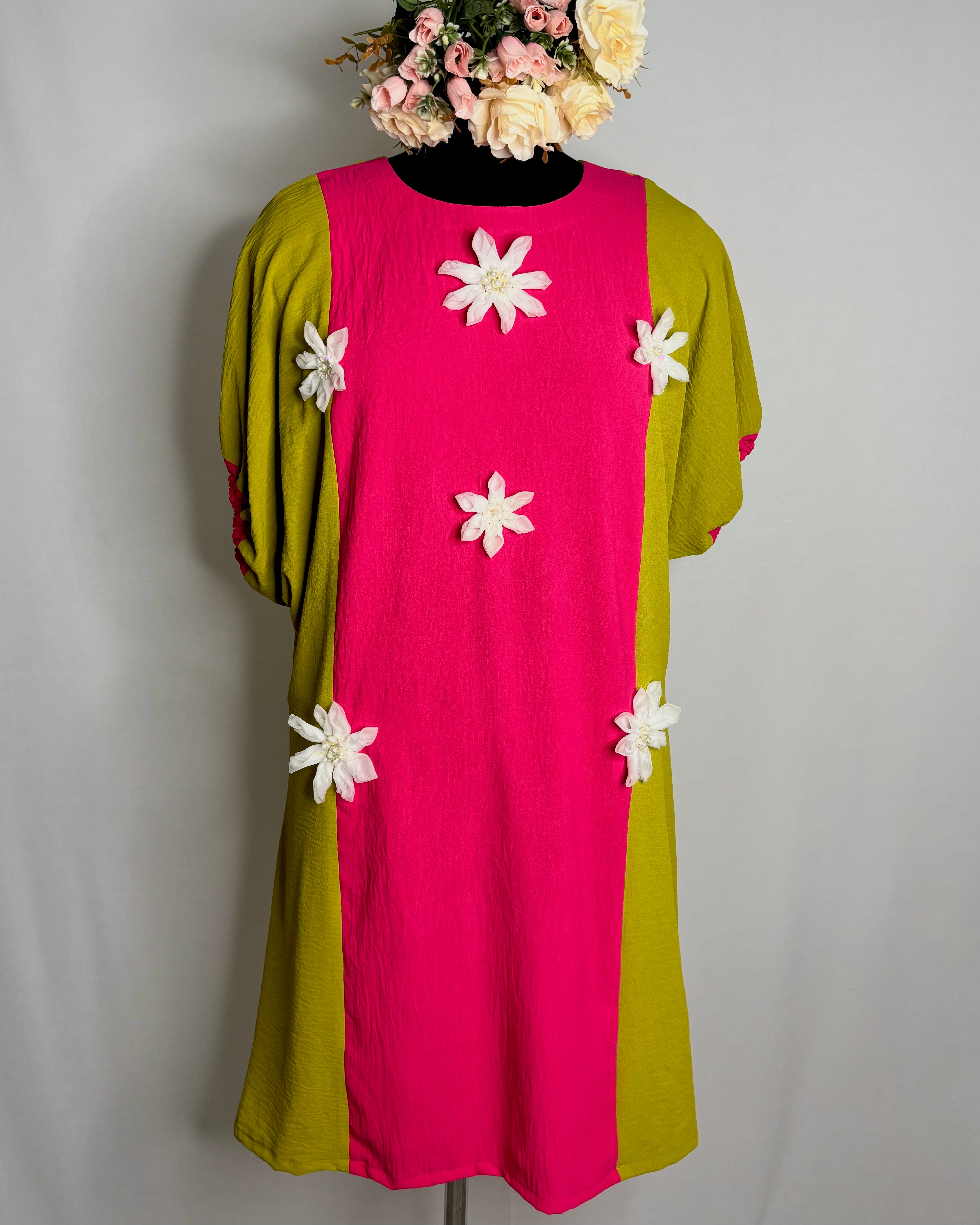 Elegant Dolman Sleeve Dress with White Organza Flower Detailing