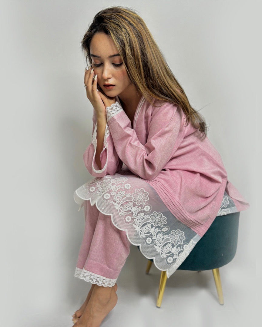 Pastel Onion Pink Lace Co-ord Set for Women | Elegant Western Party Wear