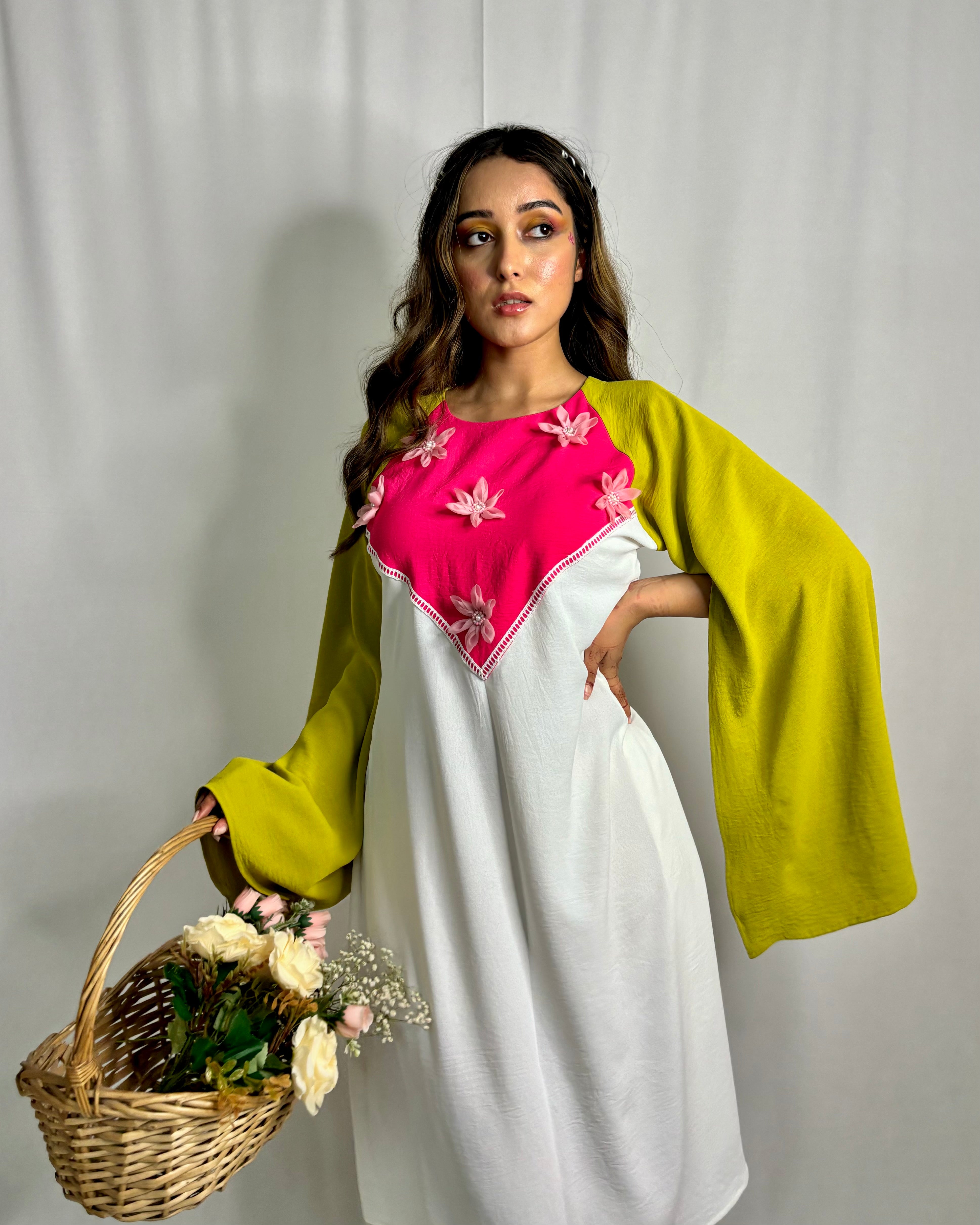 Cape Sleeve Dress with Pink Organza Flower Detailing – Elegant Designer Wear