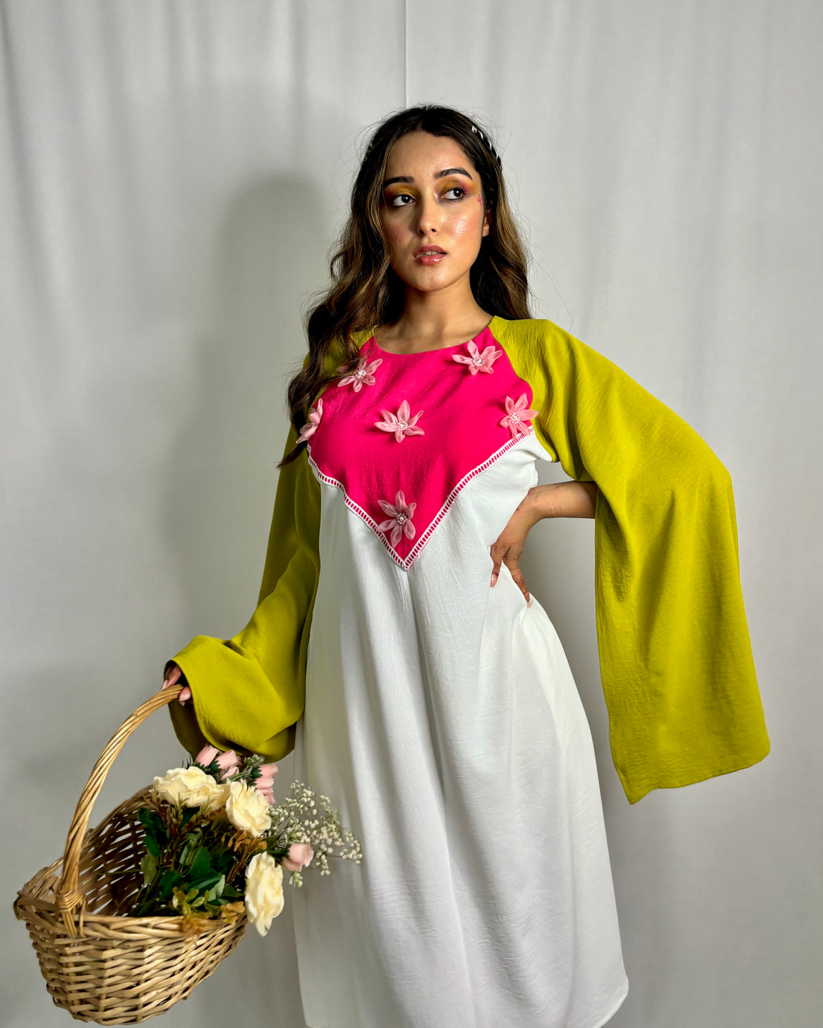 Cape Sleeve Dress with Pink Organza Flower Detailing – Elegant Designer Wear