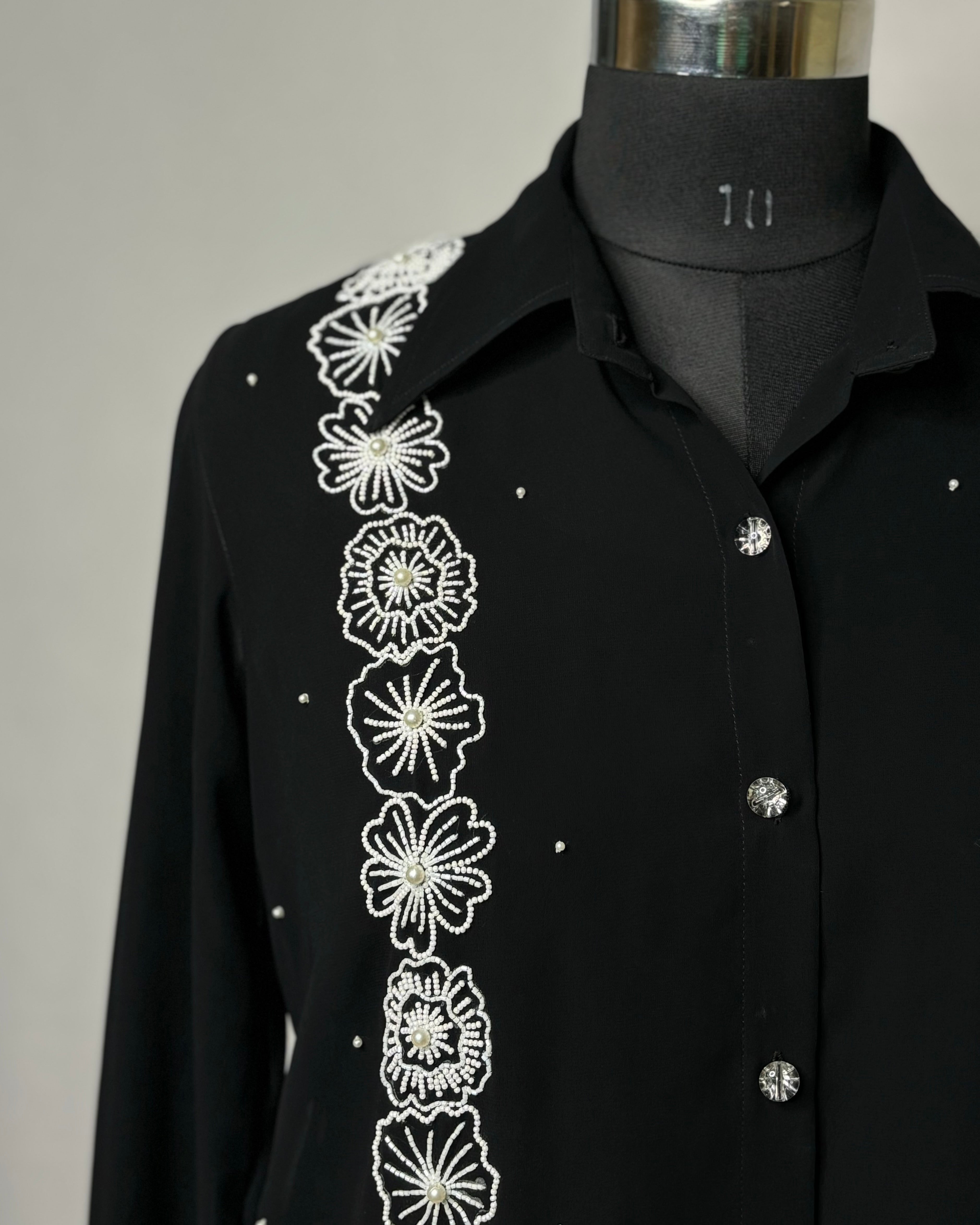 Black Georgette Shirt with White Floral Embroidery | Elegant Designer Top for Women