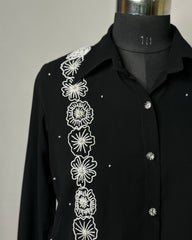 Black Georgette Shirt with White Floral Embroidery | Elegant Designer Top for Women