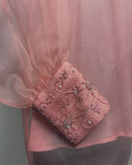 Baby Pink Organza Shirt with Silver & Pink Embroidery on Collar and Cuffs | Elegant Designer Top for Women