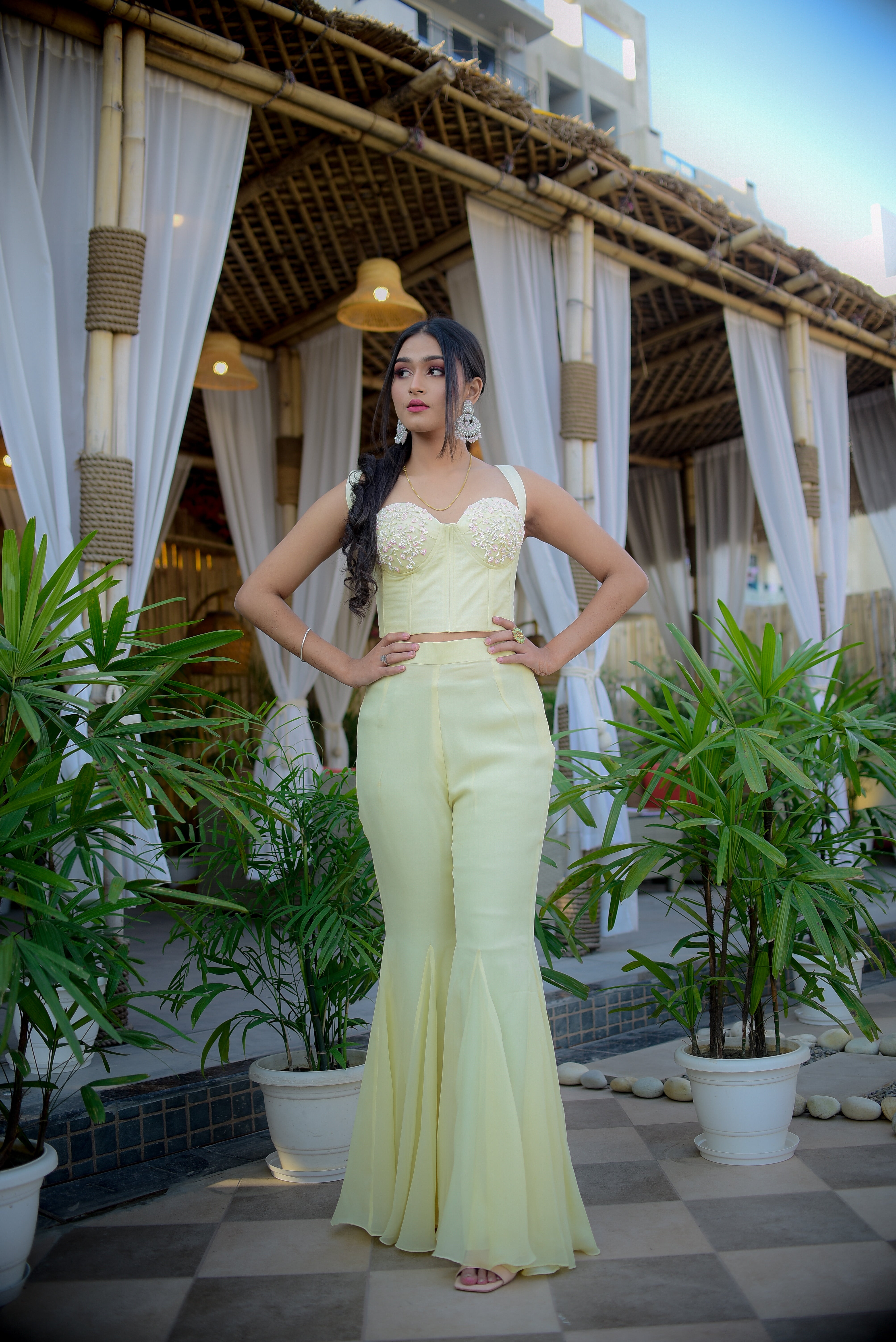 Corset-Style Blouse with Godet Bottom – Designer Two-Piece Outfit for Women